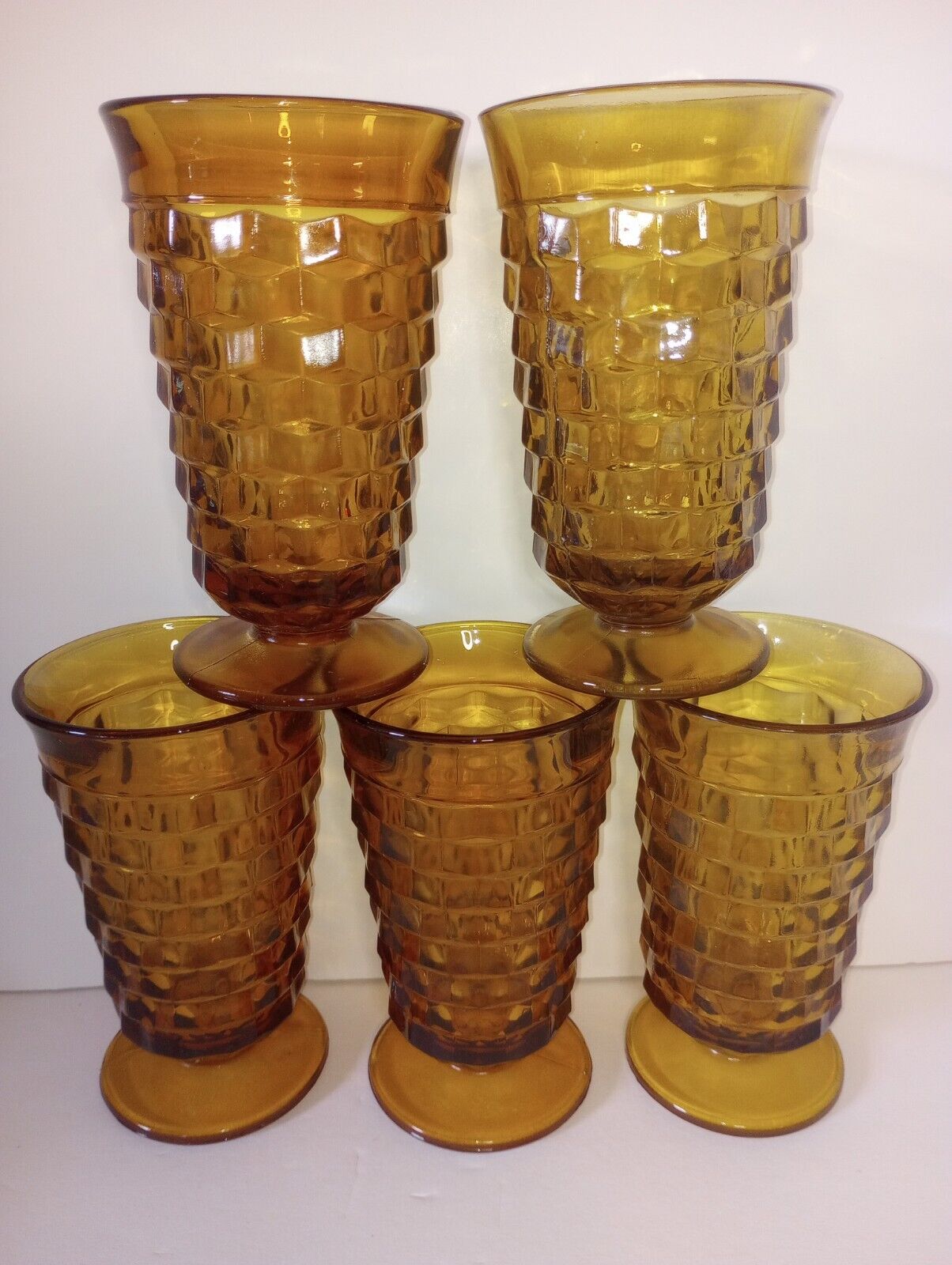 Set Of 5 Vintage Whitehall Ifooted Indianna Amber Tea Goblets / Glasses