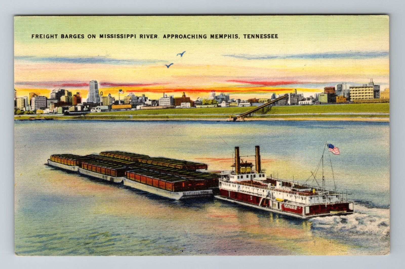 Memphis TN-Tennessee, Freight Barges On Mississippi River, Vintage Postcard