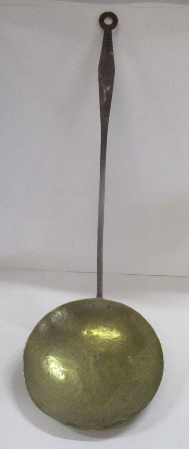 Antique Large Brass Wrought Iron Handle Ladle Skimmer