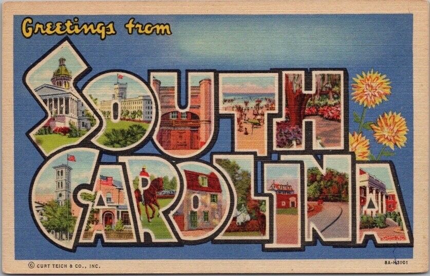 Vintage SOUTH CAROLINA Large Letter Postcard Curteich Linen c1938 / Unused