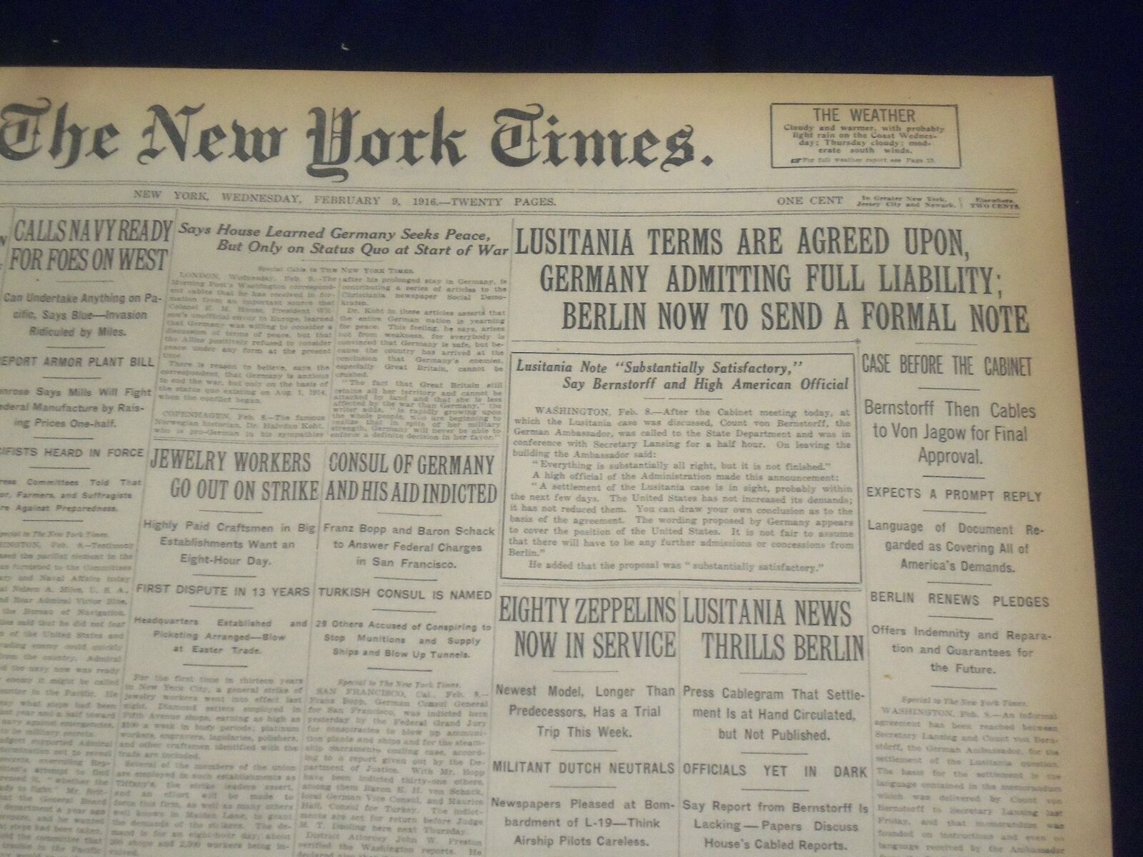 1916 FEB 9 NEW YORK TIMES - GERMANY ADMITS FULL LIABILITY FOR LUSITANIA- NT 9030