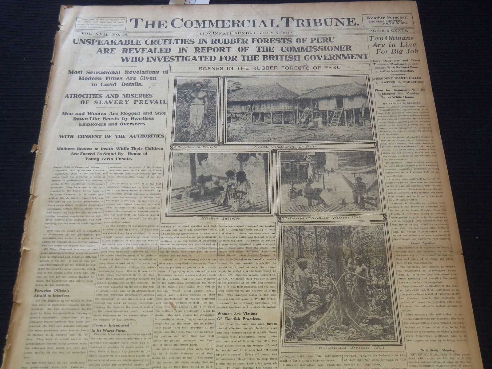 1912 JULY 12 COMMERCIAL TRIBUNE NEWSPAPER - CRUELTIES IN PERU - NT 9415