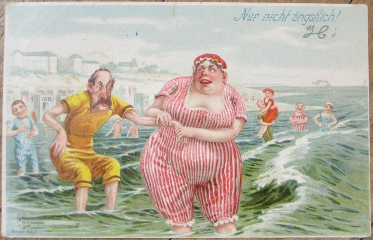 Risque 1902 Postcard, Fat Woman Thin Man in the Water Bathing Beauty Color Litho