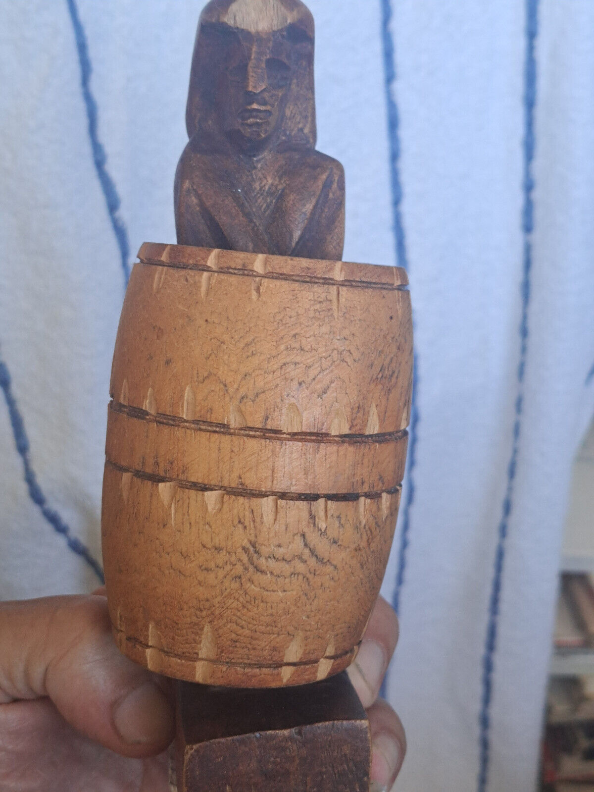 VINTAGE 1970\'s NAKED WOOD MAN IN A BARREL ADULT GAG GIFT HAND CARVED HAITI RARE