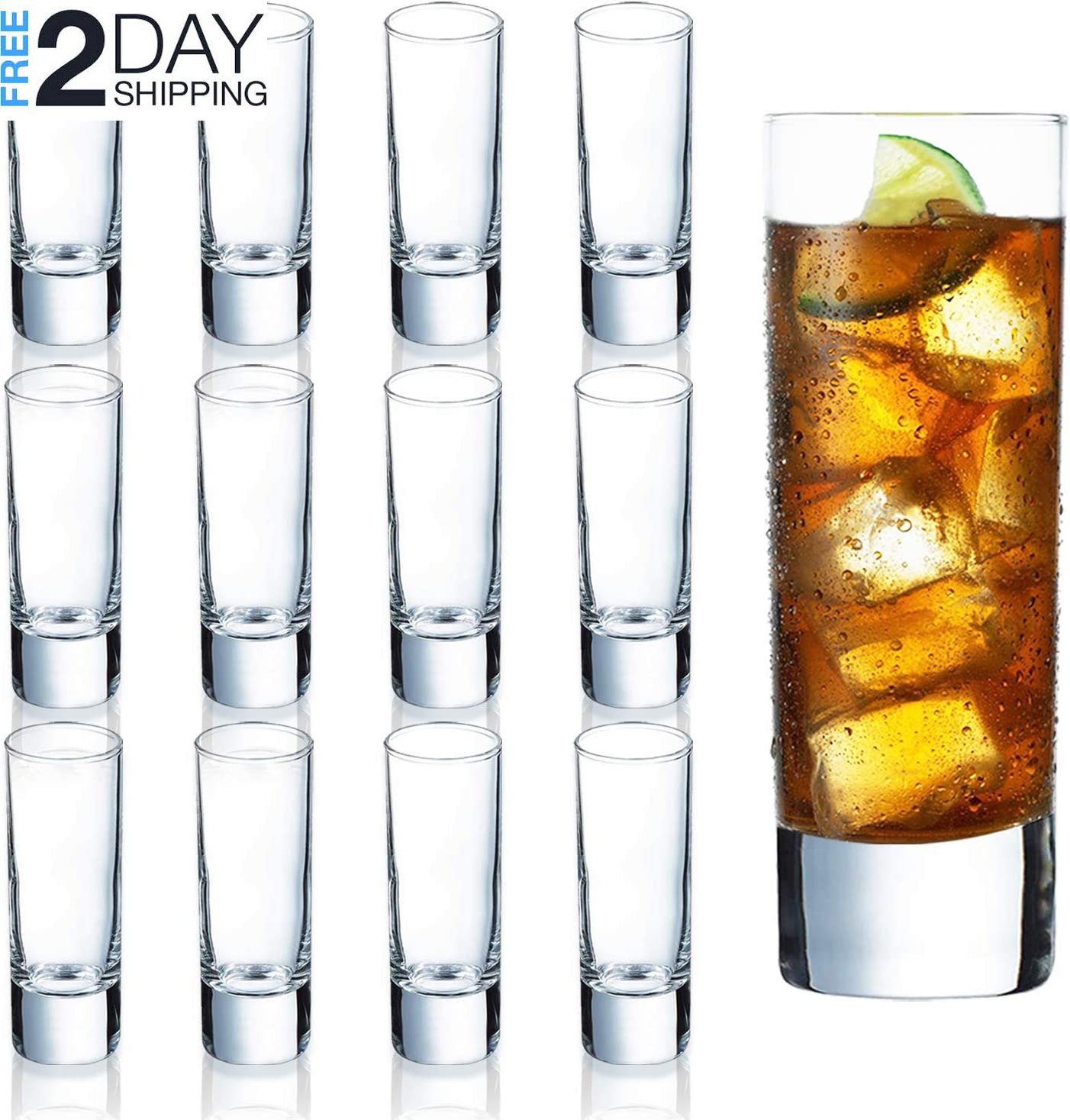 Clear Heavy Base Shot Glasses 12 Pack, 2 Oz Tall Glass Set for Whiskey, Tequila