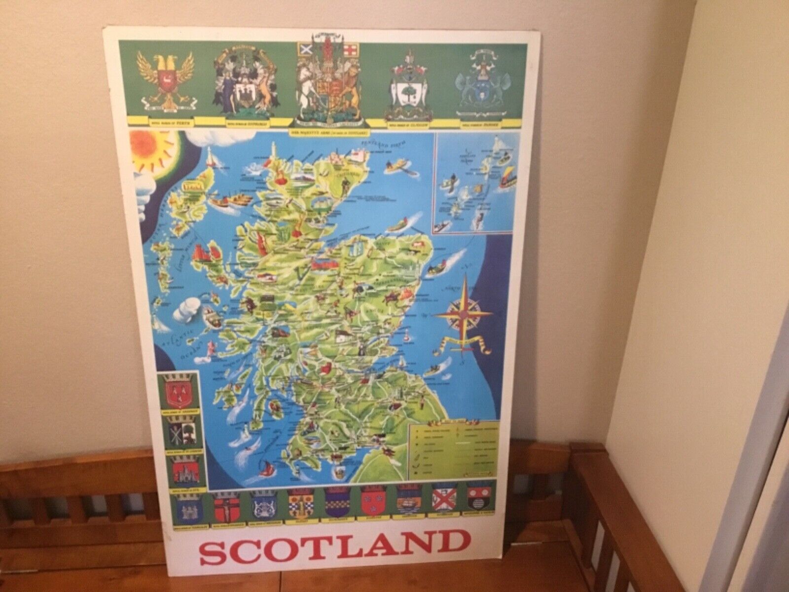 Historical Map Of Scotland Illustrated Clan Crest hardboard Vintage 37.5” x 24.5