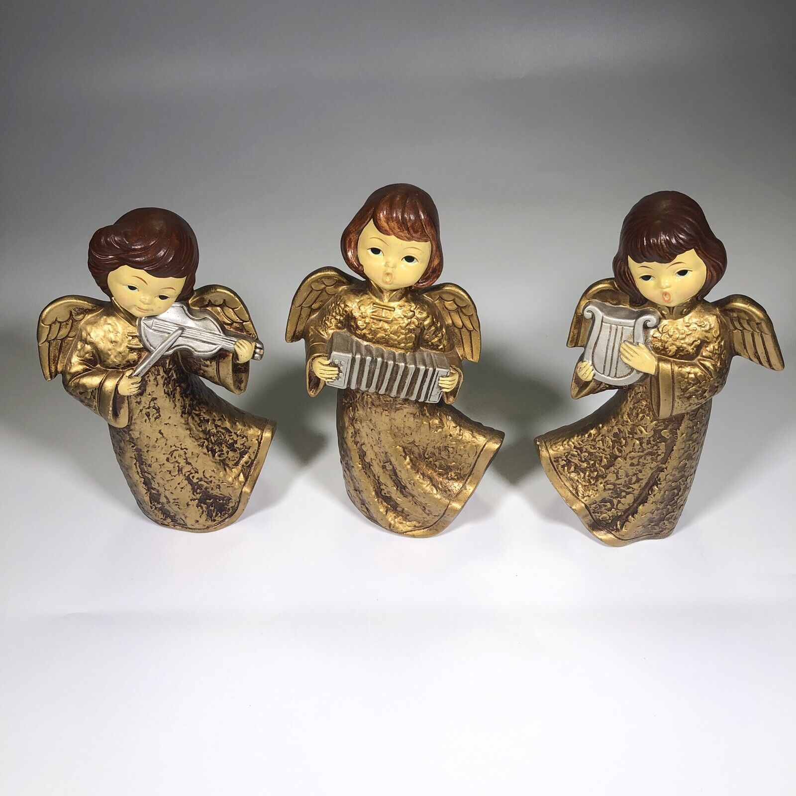 Vintage Angel Statues Playing Instruments Hand Made in Korea Christmas Figures