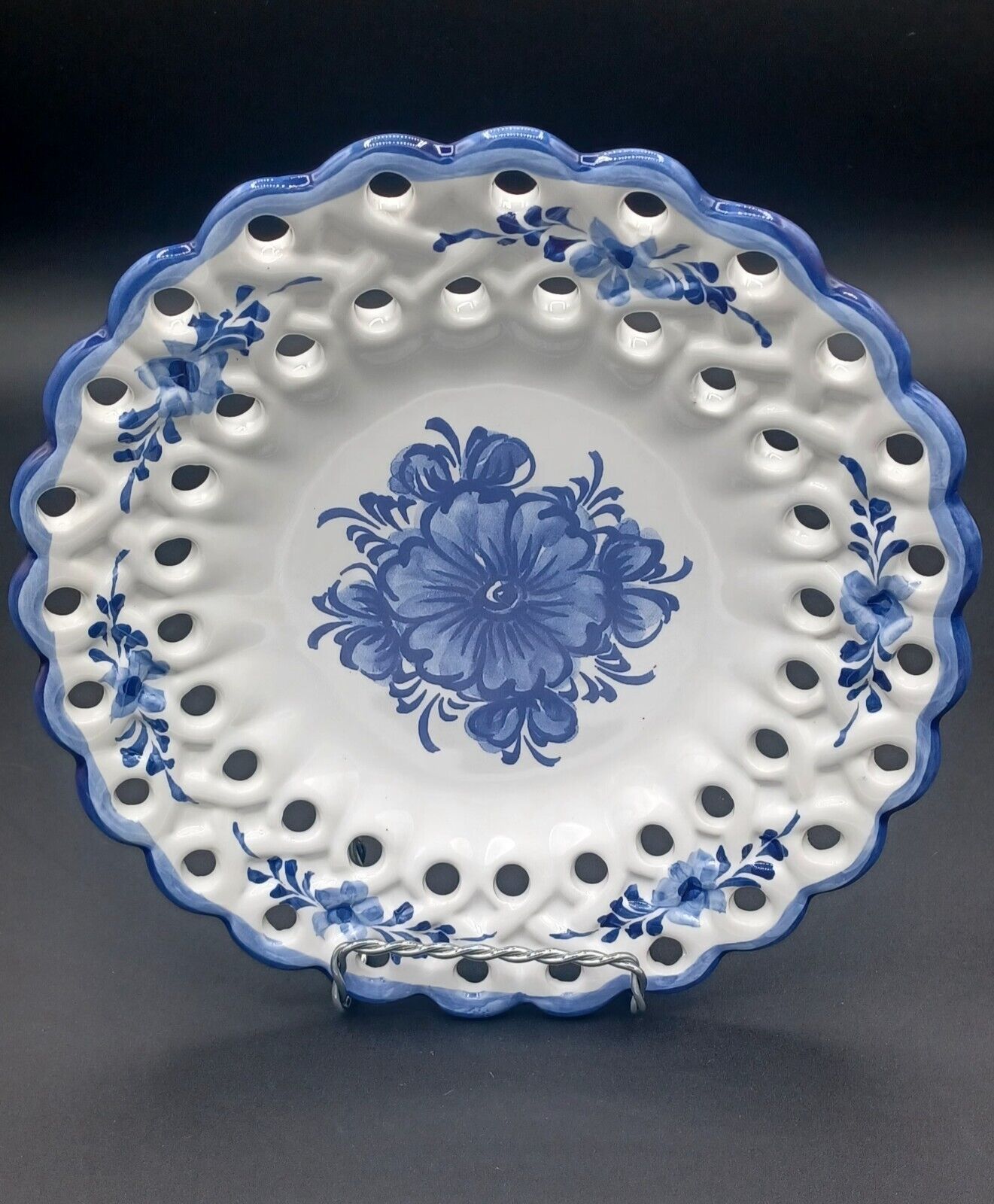 Vintage Vestal Alcobaca Blue and White Reticulated Slotted Plate Portugal #1045
