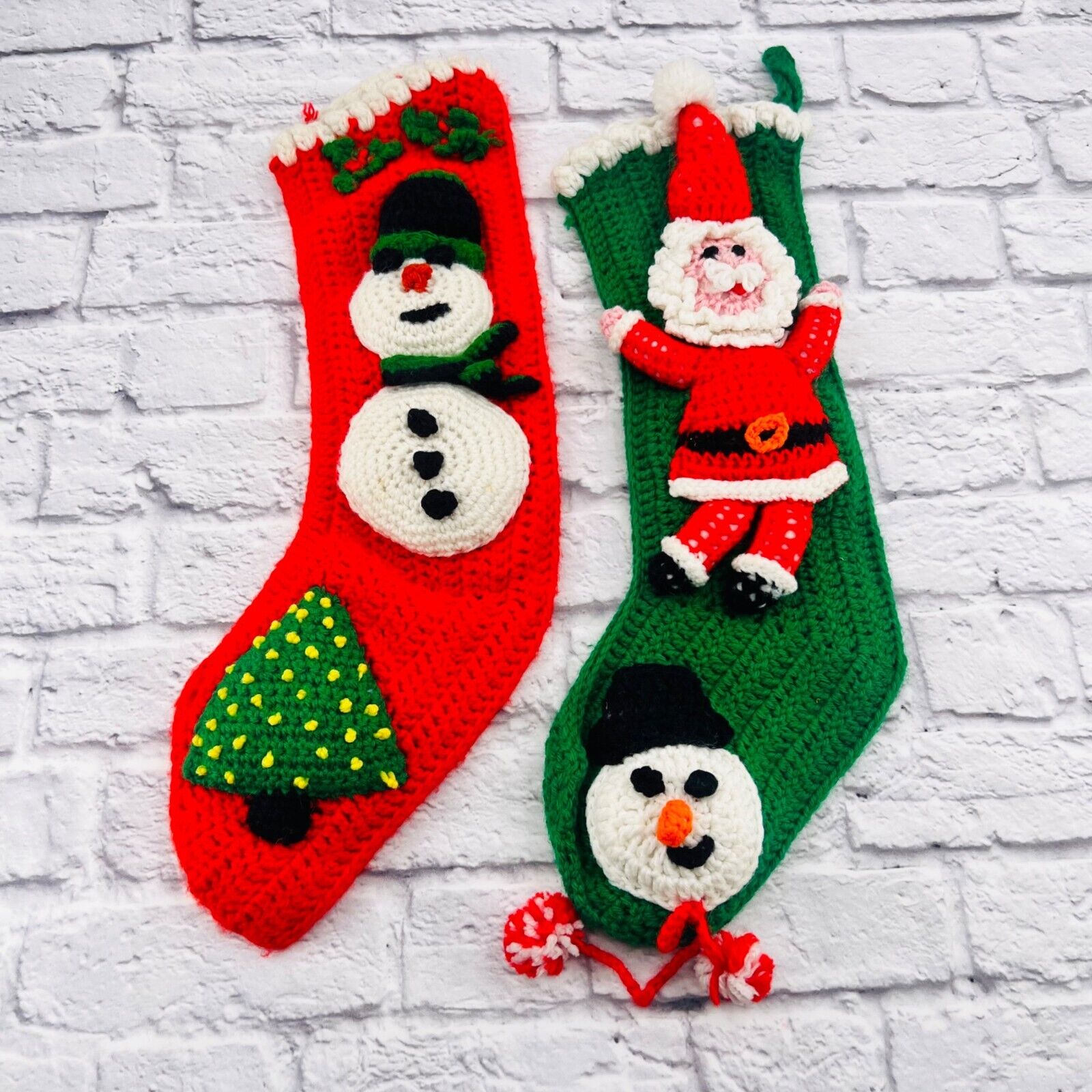 Handmade Vintage Crochet Christmas Stockings 2 PCS Red/Green Santa Snowman