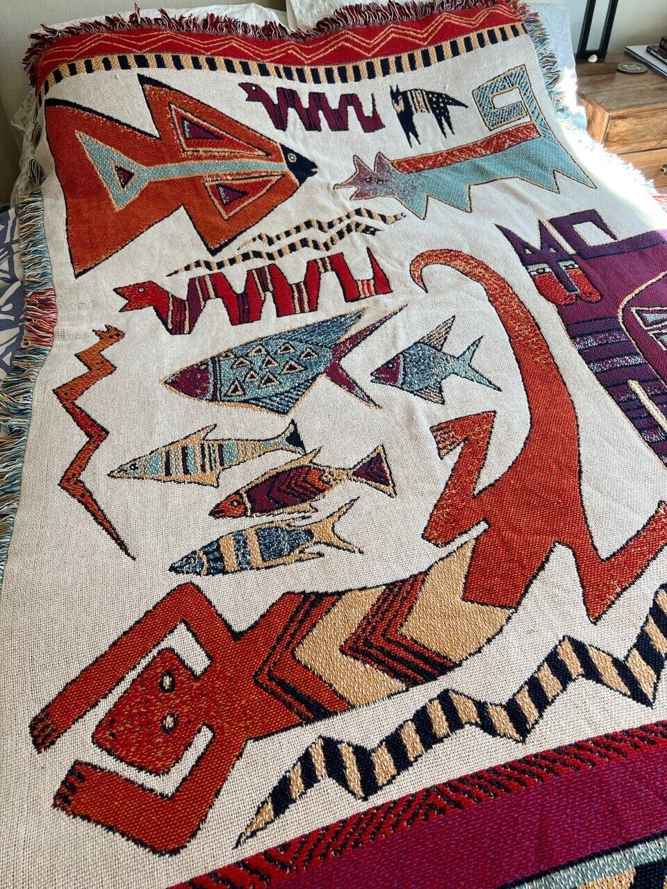 Vintage Laurel Burch Fringed Tapestry Throw Blanket Santa Fe Desert Life 4' x 6'