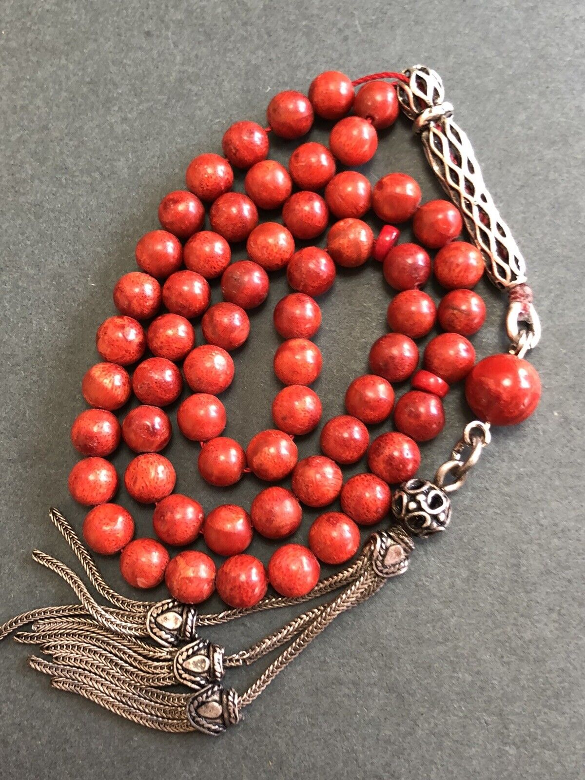 Vintage Natural coral - Red Coral silver tassel- 59 islamic prayer beads 34 G R