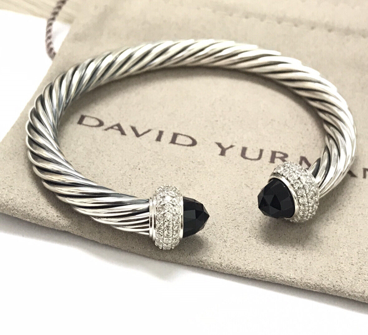 David Yurman 925 Silver 7mm Candy Black Onyx  & Diamond Cuff Bracelet Medium