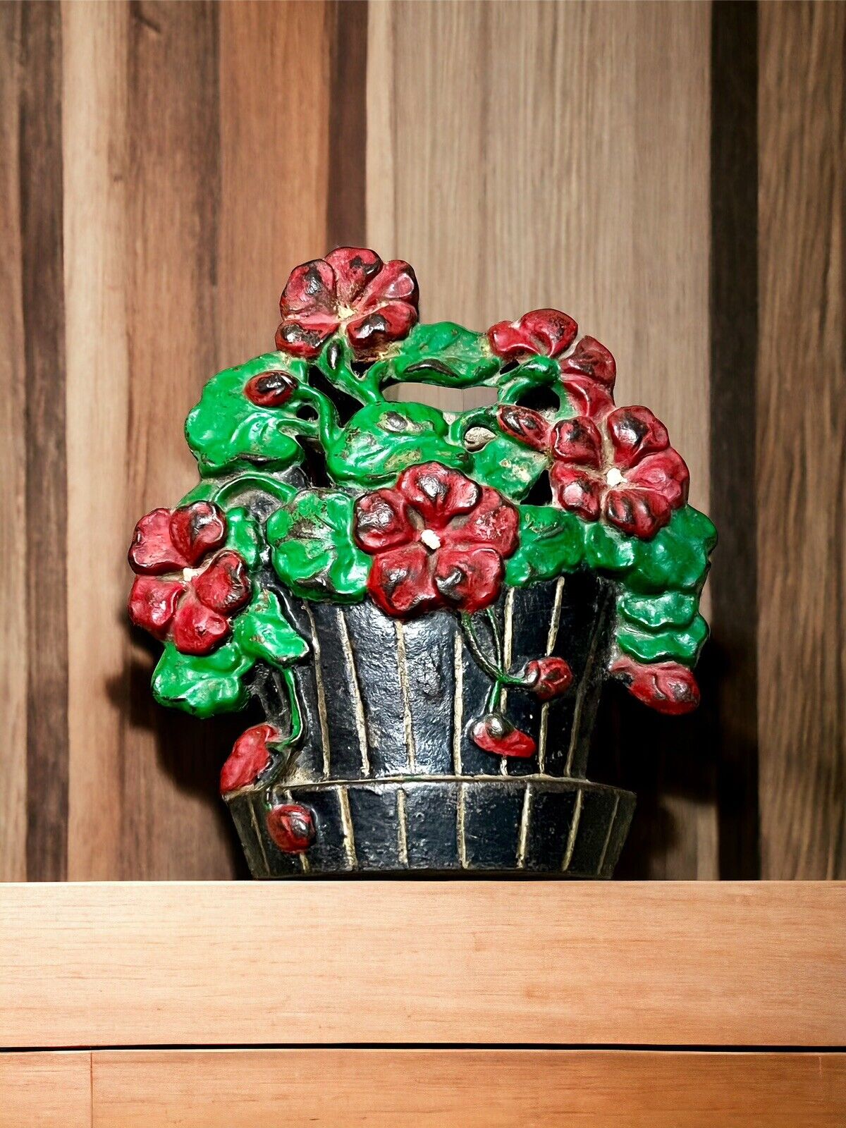 Antique Hubley #221 Cast Iron Black & Red Flower Pot Doorstop. Gorgeous