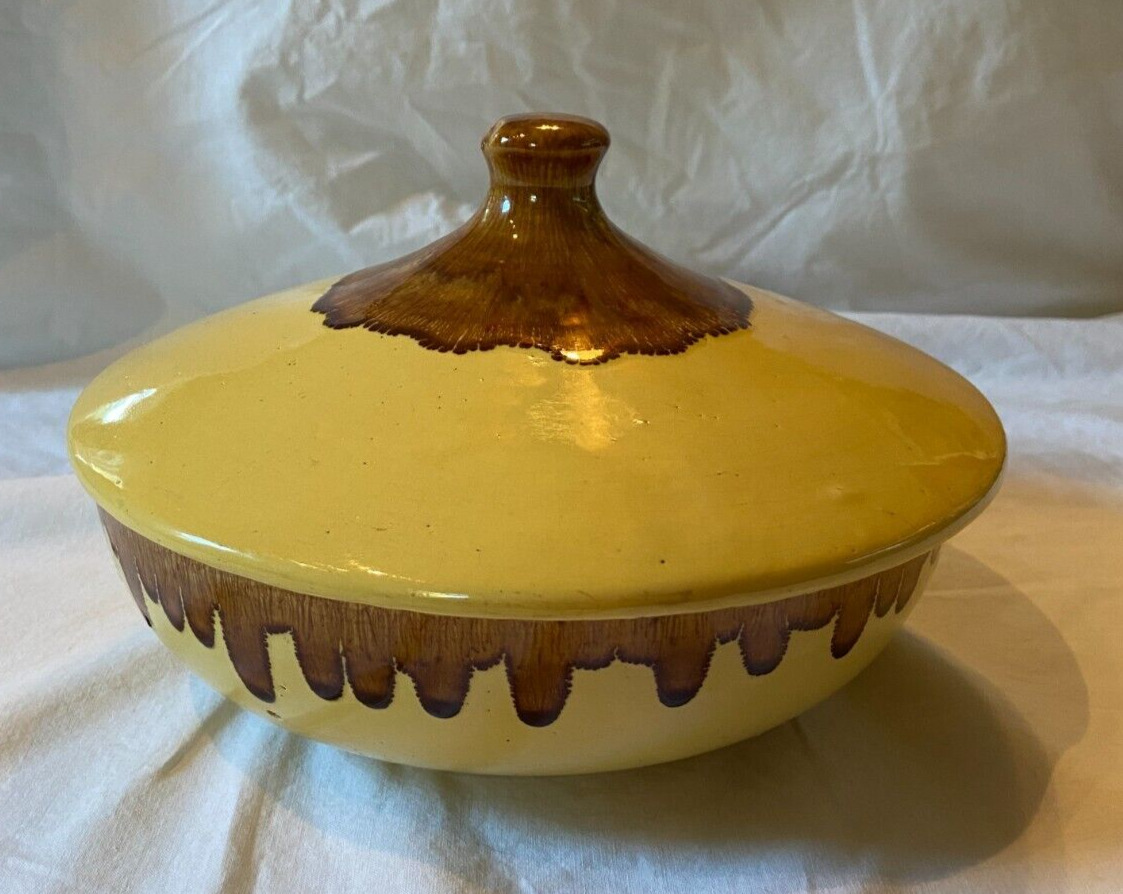 Vintage Watt Pottery #96 Yellow & Brown Drip Covered Casserole Dish 9\