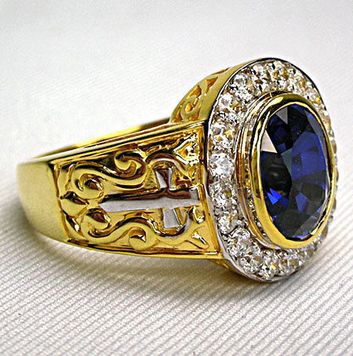 DIAMOND SAPPHIRE 14K YELLOW GOLD STERLING SILVER CHRISTIAN BISHOP RING MENS NEW