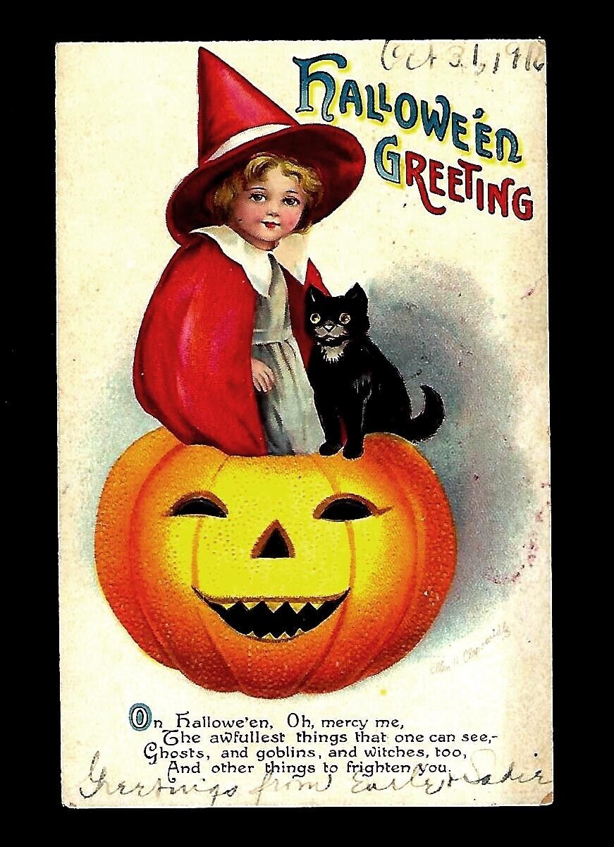c1916 Signed Clapsaddle Halloween Postcard Girl Witch Red Dress, Black Cat, JOL