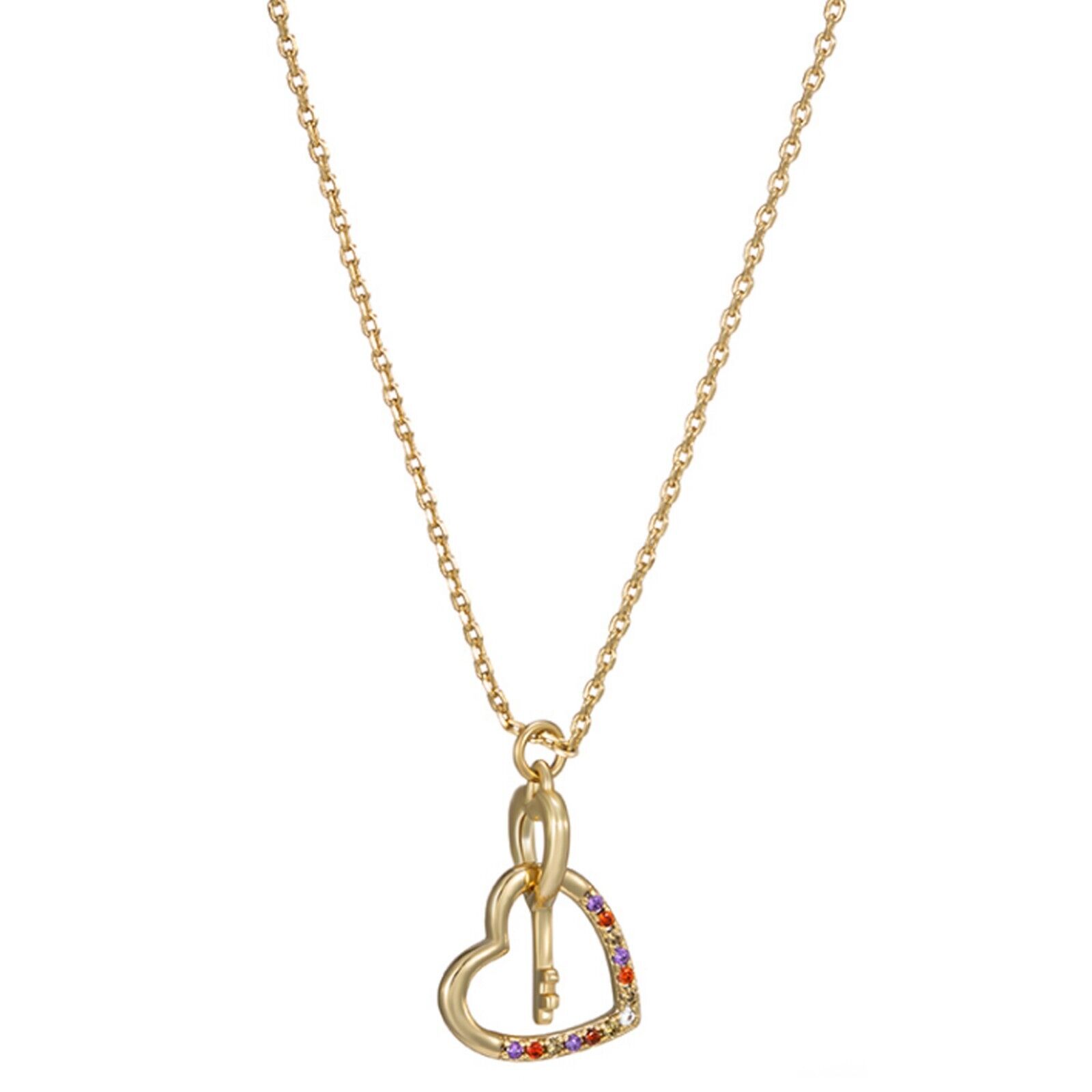 14K Gold Plated Elegant Love Multicolor Heart Key Pendant Necklace. Love Gift