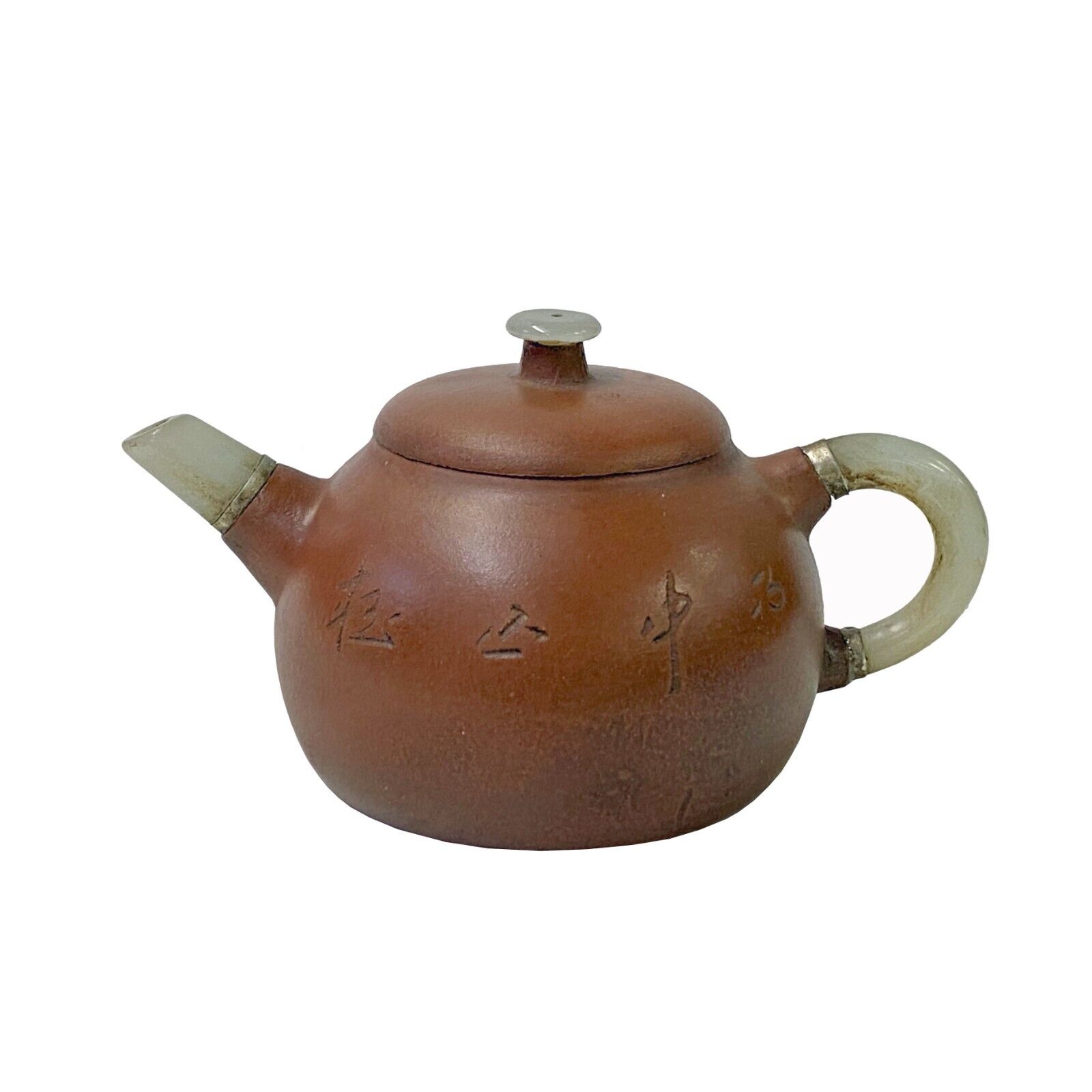 Chinese Zisha Clay Brown Jade Stone Handle Teapot Display Art ws2673