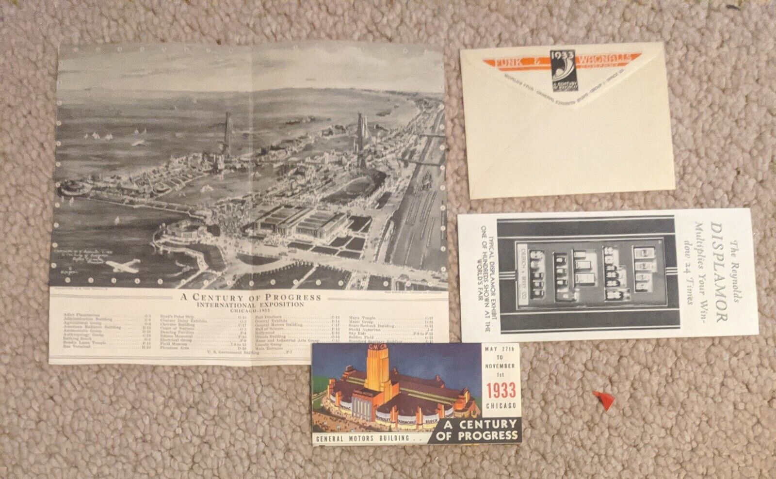 Lot Vintage 1933 Chicago Worlds Fair Catalog Fold Out And Envelope Etc