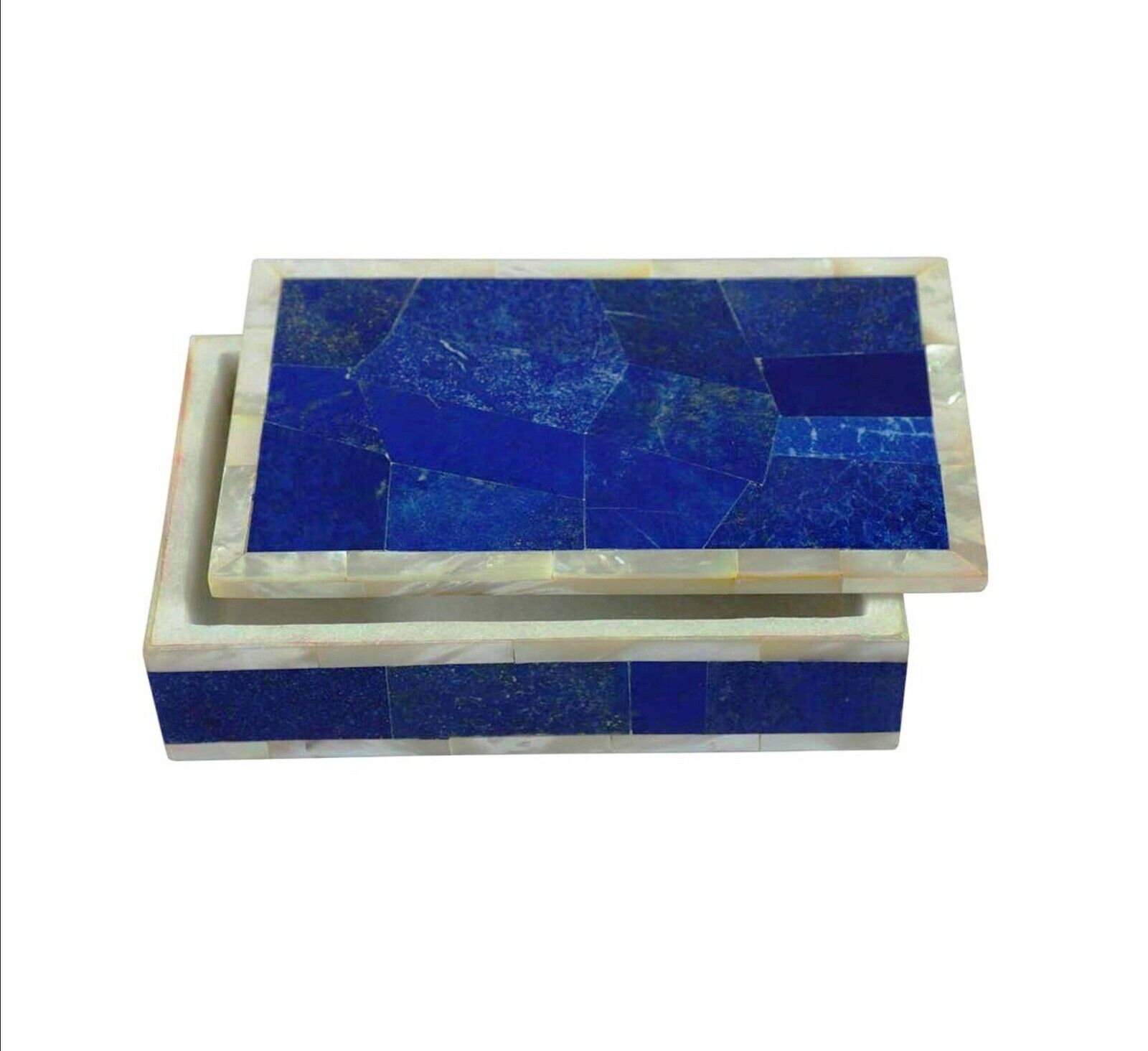 Lapis Lazuli Stone Overlay Work Trinket Box Rectangle Shape Marble Giftable Box