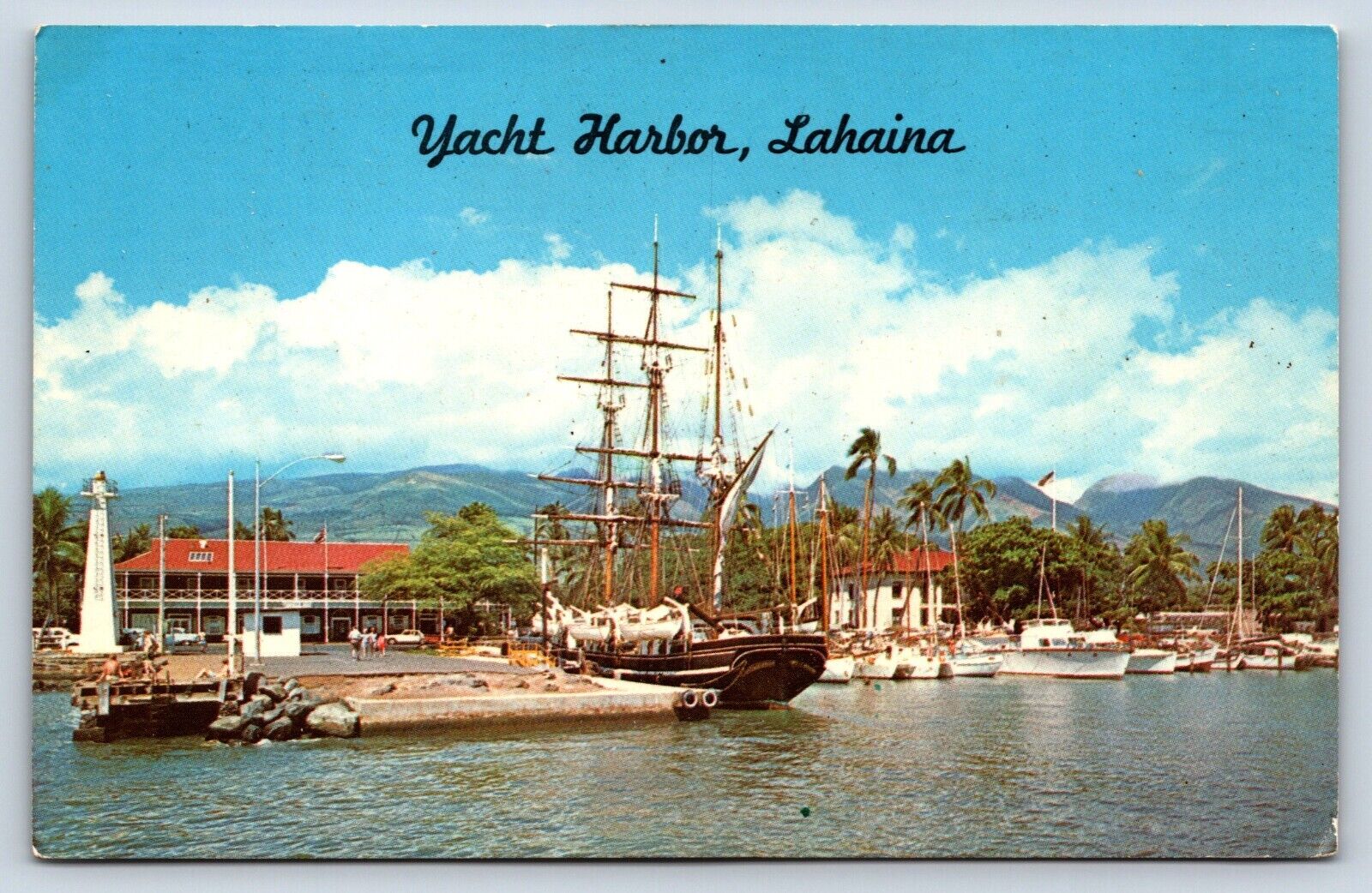 Postcard HI Lahaina Maui View Pre-Fire Yacht Harbor Boat Vessel Pioneer Hotel H1
