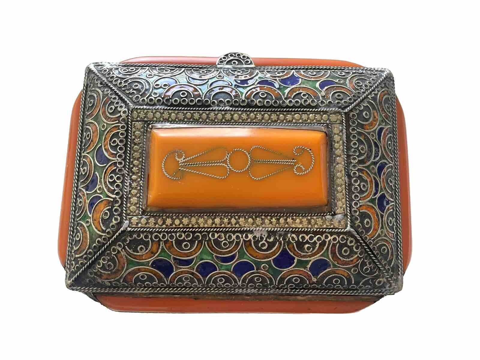 Vintage Moroccan Bakelite Trinket Jewelry Box Decorative Butterscotch Orange
