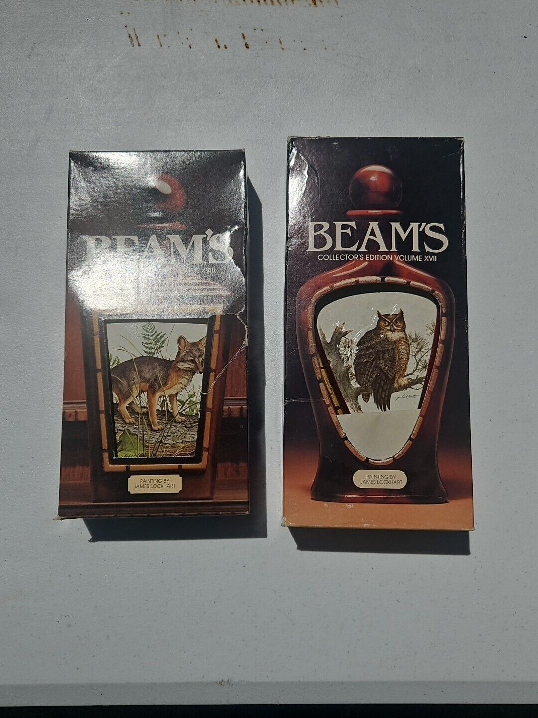 Vintage J. LOCKHART Jim Beam Whiskey Bottle Decanters GRAY FOX Horned Owl In Box