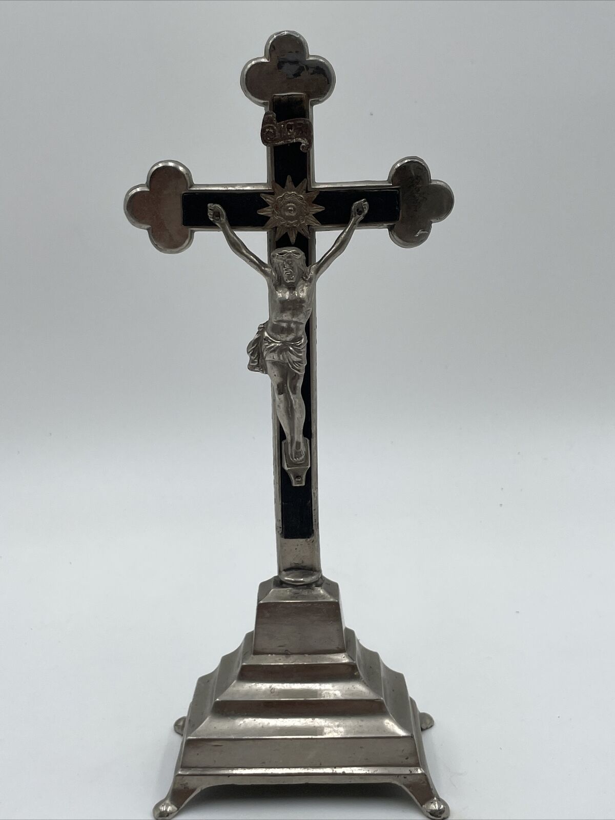 Vintage Metal and Wood Cross Silver Crucifix Jesus God Pewter Painted Catholic