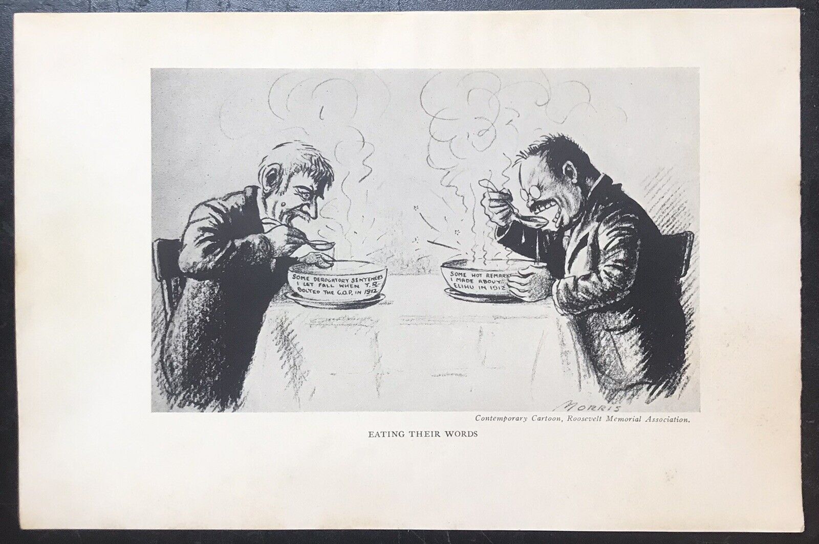 VINTAGE CONTEMPORARY CARTOON OF PRESIDENT ROOSEVELT EATING HIS WORDS.MORRIS