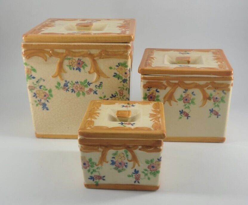 1930s - 1940s Vintage Tashiro Shoten Japan Floral Orange Cream Canister Set 