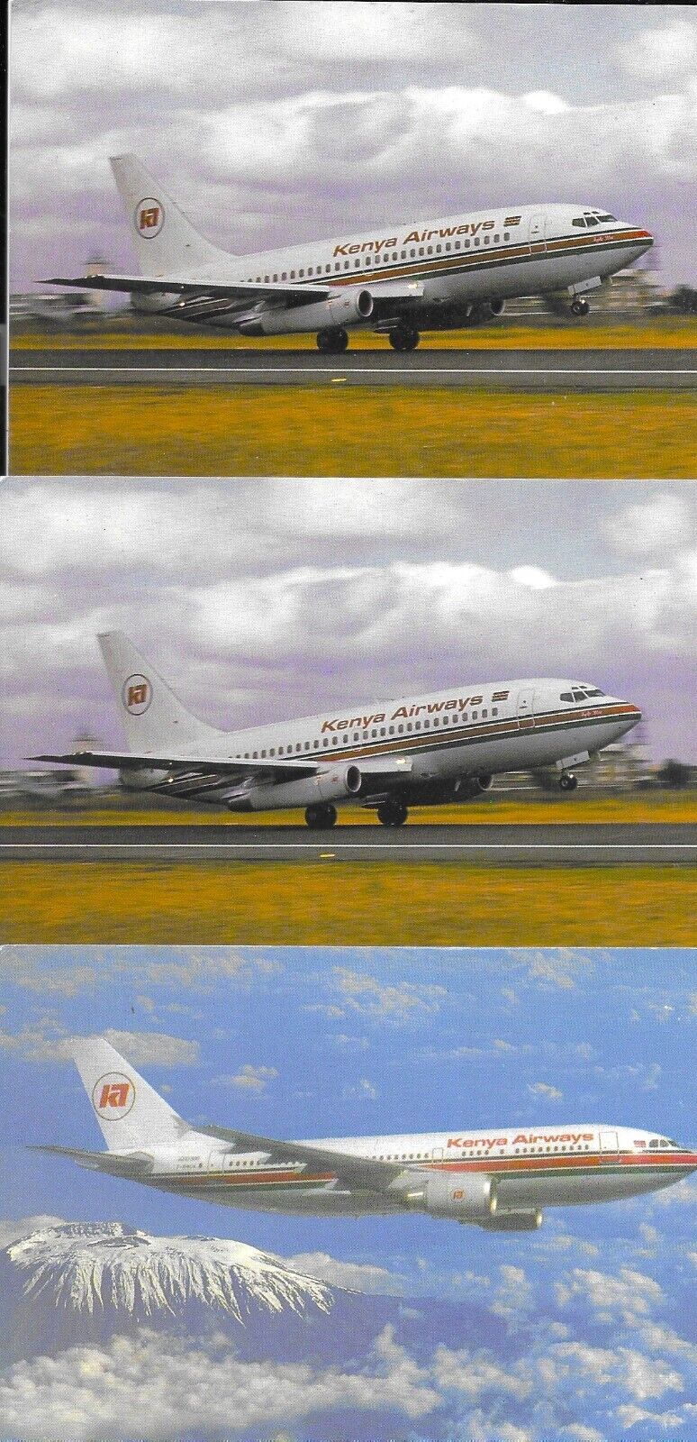 KENYA AIRWAYS 2 Boeing 737-200 & One AIRBUS A310-300 Postcards,