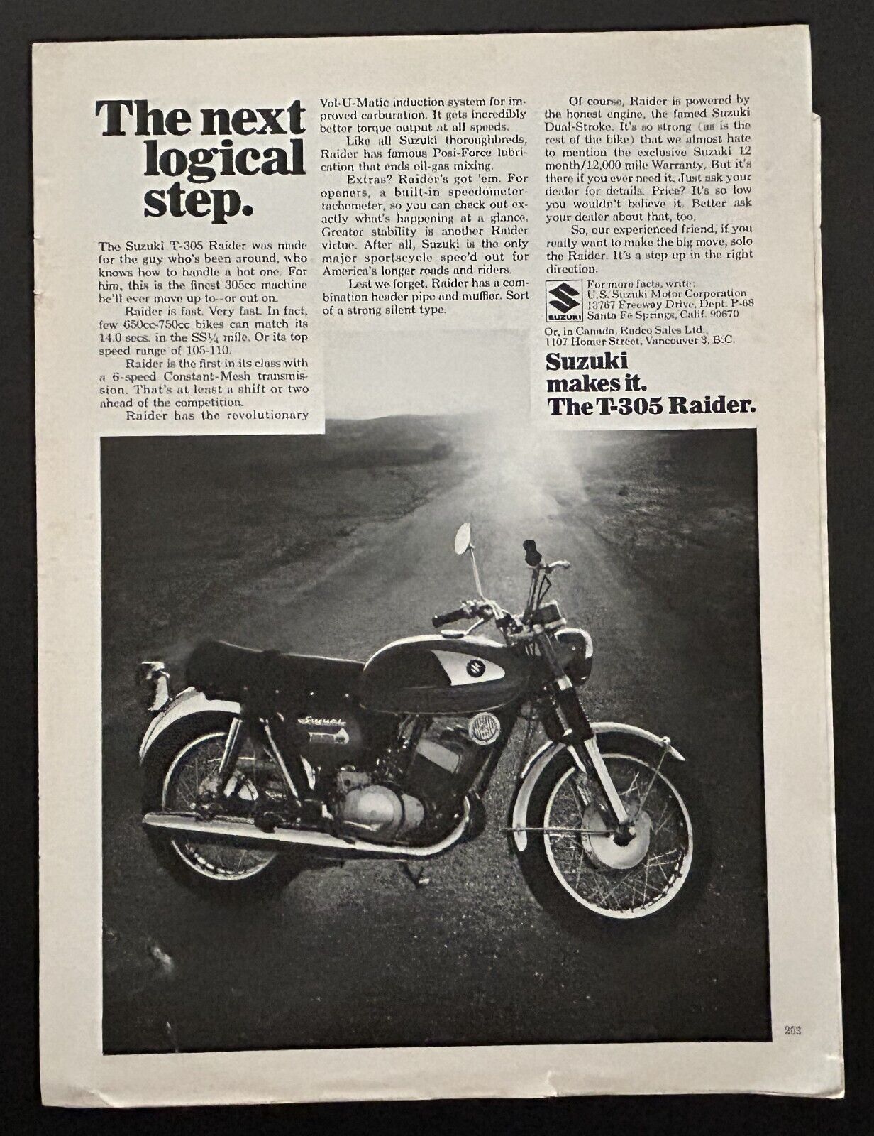 Vintage Motorcycle Suzuki T-305 Raider Advertisment 1968