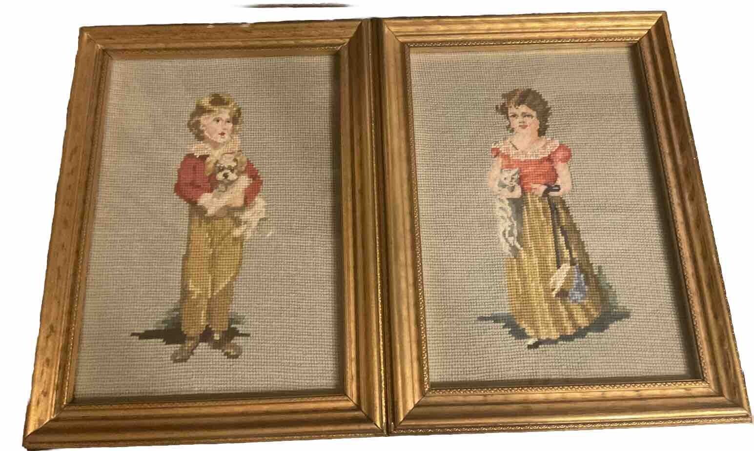Victorian Antique Needlepoint Pair  Boy And Girl Framed Under Glass 16” X 12”