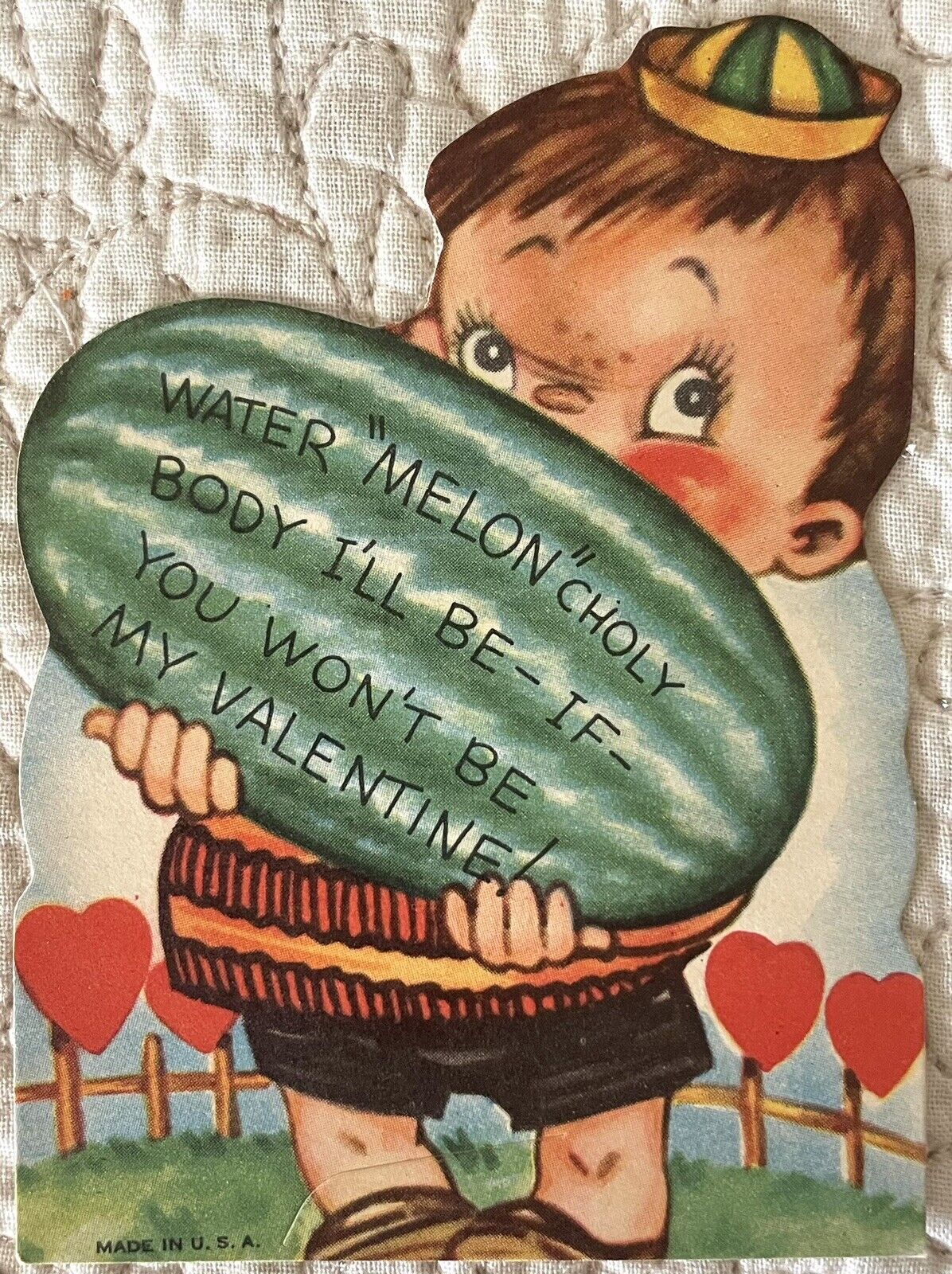 Unused Valentine Boy Carry Watermelon Melancholy Vtg Greeting Card 1930s 1940s
