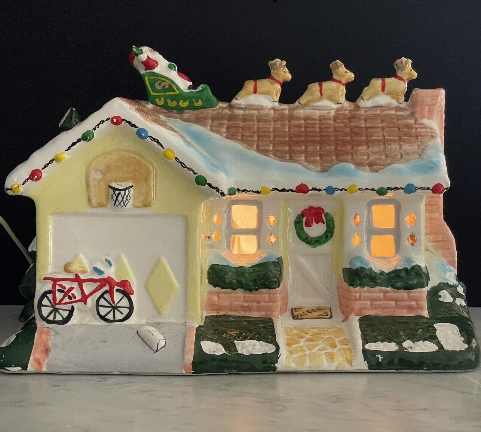 Vintage Large Hand-Painted Ceramic Christmas House w/ Santa's Sleigh on Roof