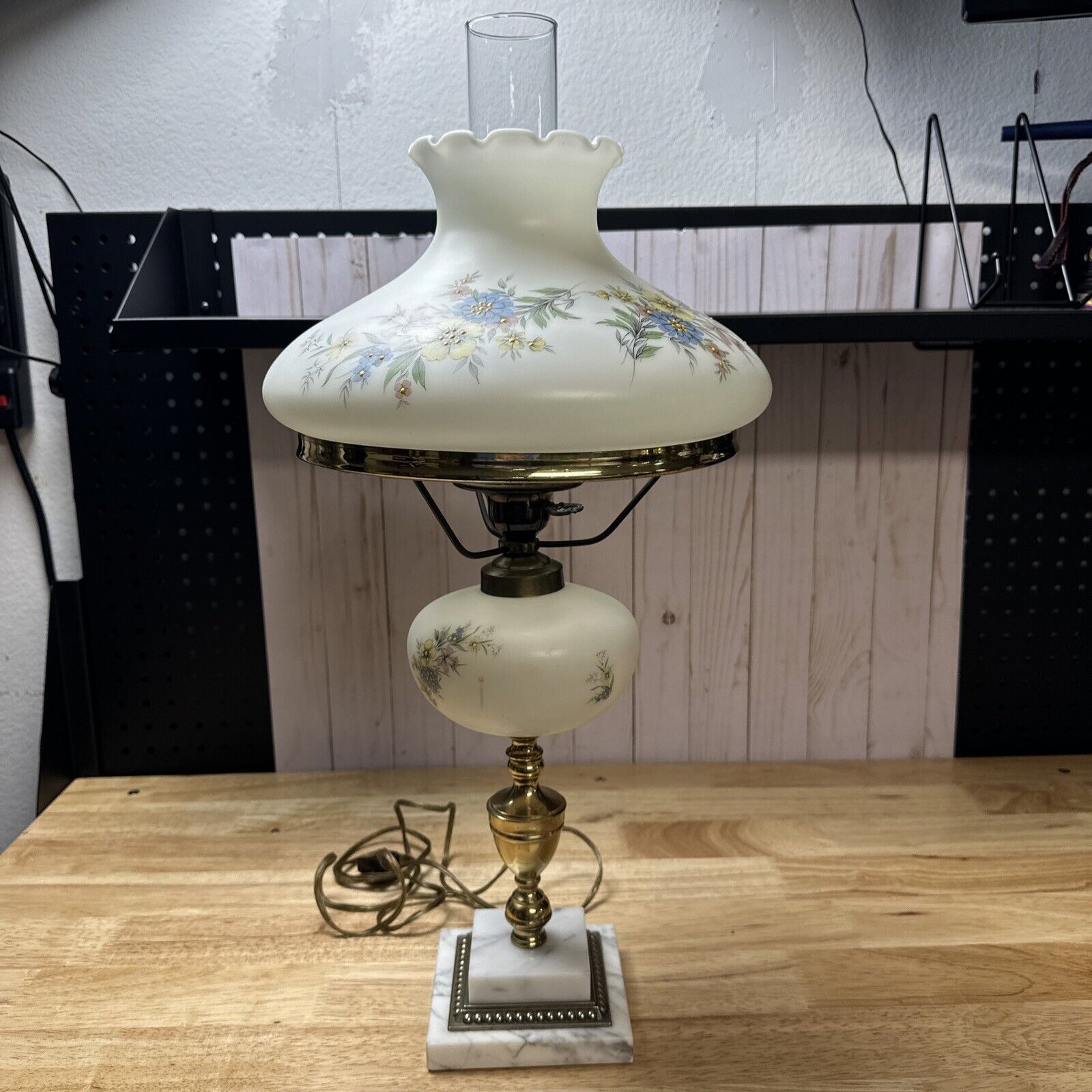 Hand Painted Floral Hurricane Table Lamp Parlor Banquet Brass & Marble Base