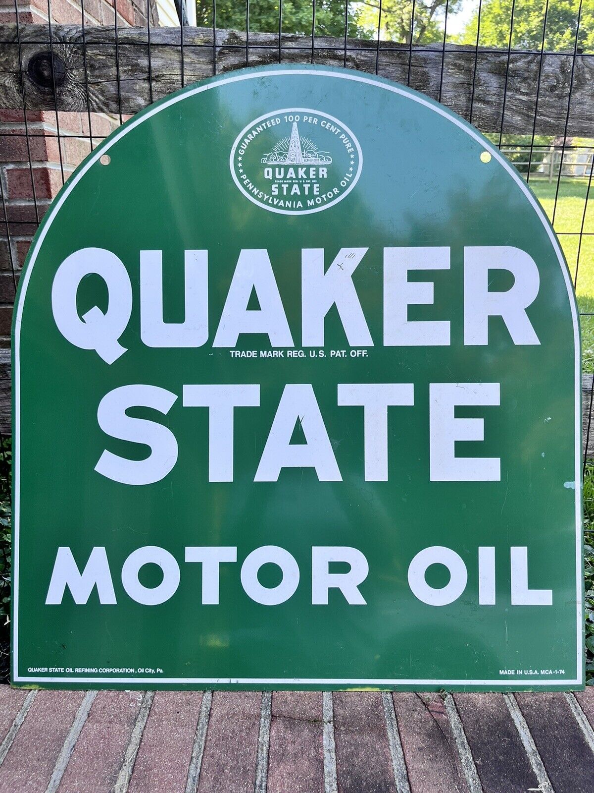 Vintage QUAKER STATE MOTOR OIL TOMBSTONE 2-SIDED SIGN  26 x 29