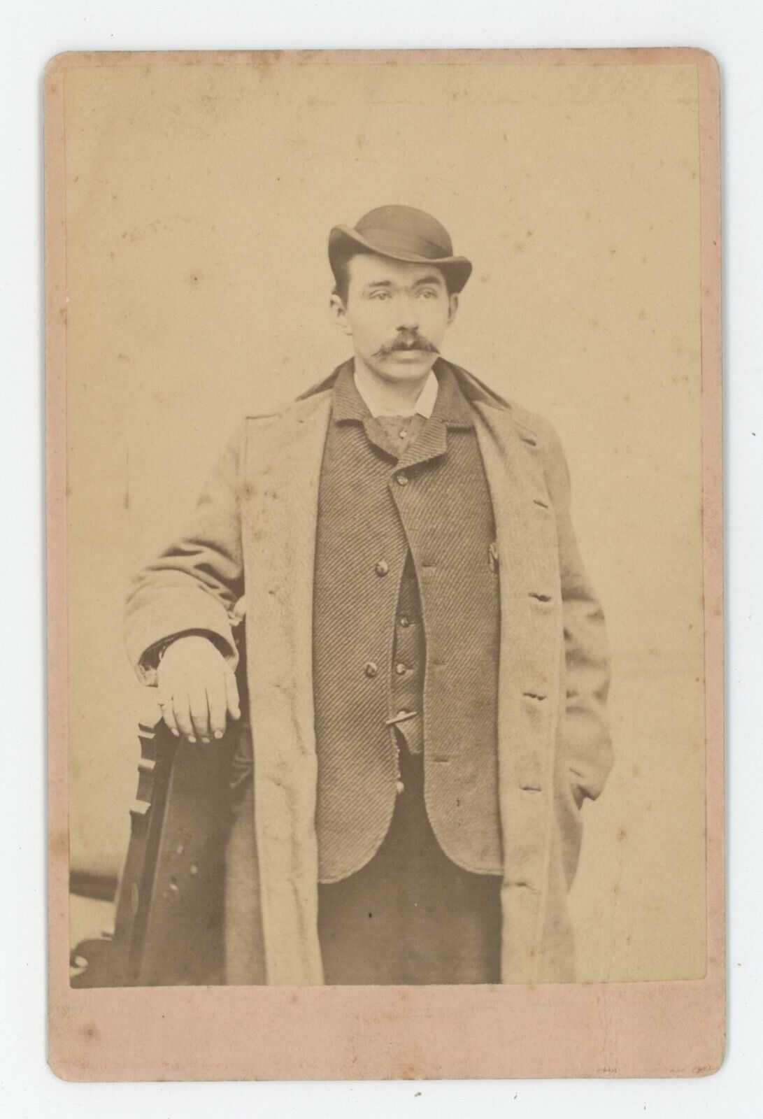Antique Circa 1880s Cabinet Card Odd Looking Man in Suit & Coat Wearing Hat