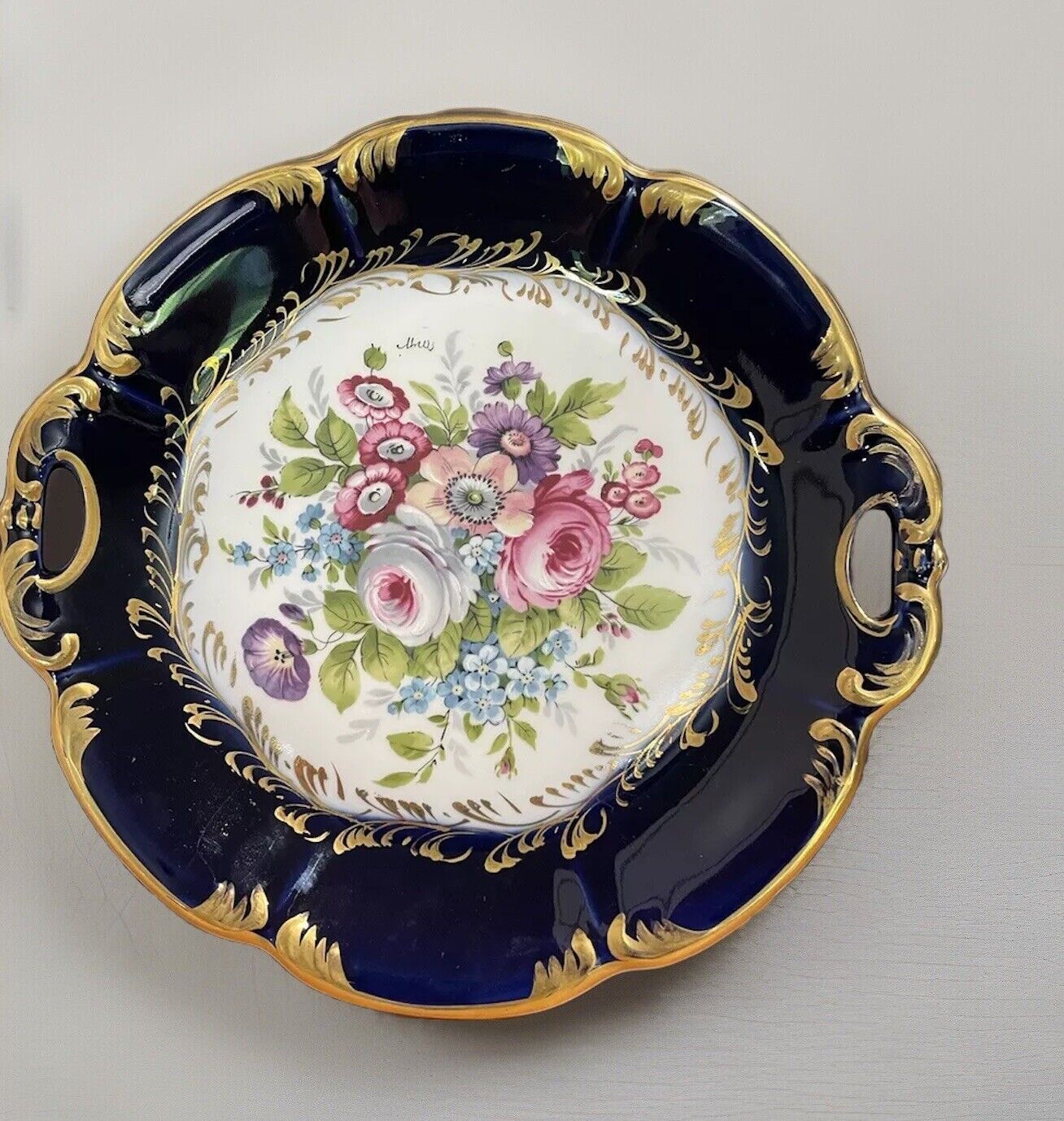 Vintage Limoges Platter Cobalt Floral Porcelain Gold Handles Scalloped Gold Trim