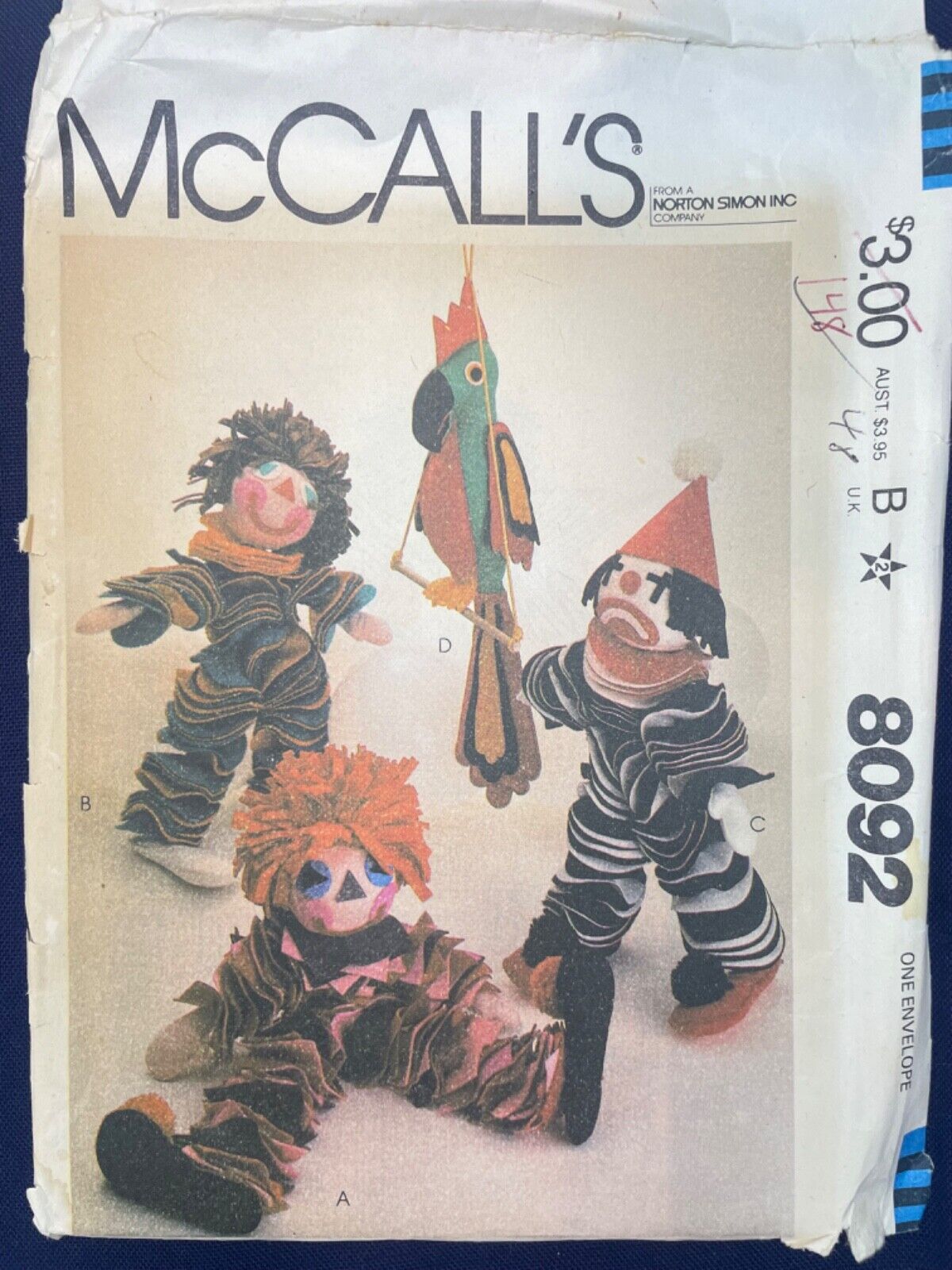 Vintage Uncut Felt Clowns & Parrot Craft Pattern One Size McCall’s 8092 