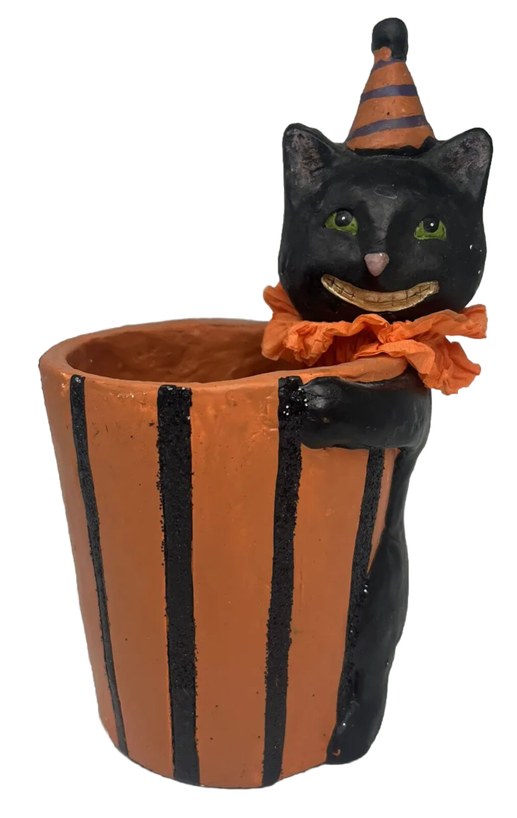 Halloween Black Cat Folk Art Style Planter Bowl Orange Stripe Anthropomorphic