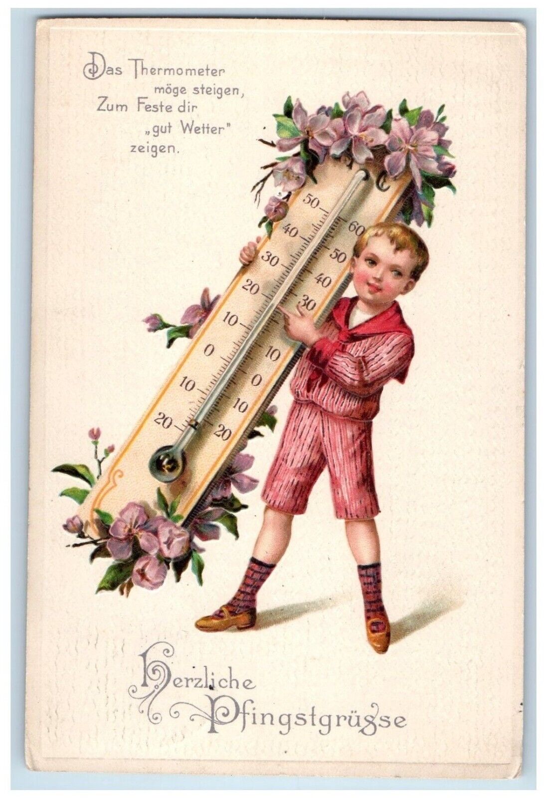 c1910\'s Easter Pentecost Boy Thermometer Flowers Embossed Antique Postcard