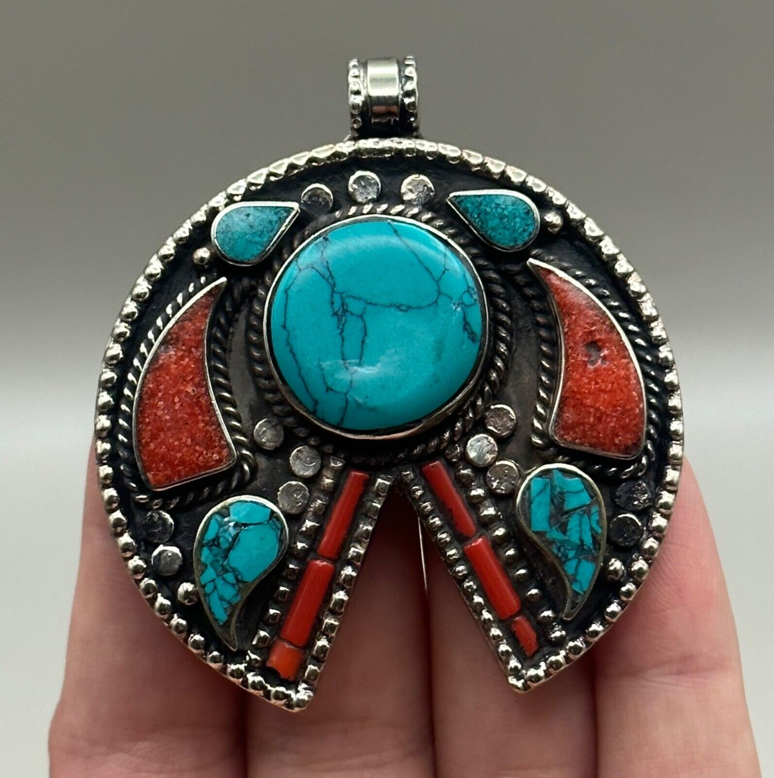 Very Unique Vintage Tibetan Nepalese Natural Coral Torquise Silver Plated Pendan