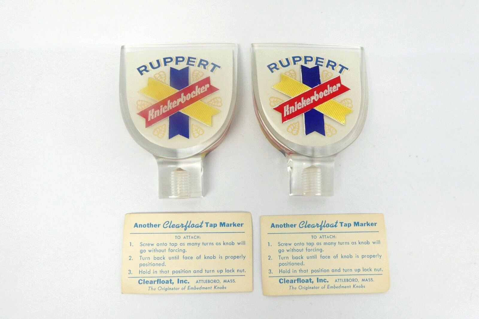 Two Ruppert Knickerbocker Clearfloat Inc. Attleboro Mass Beer Tap Markers