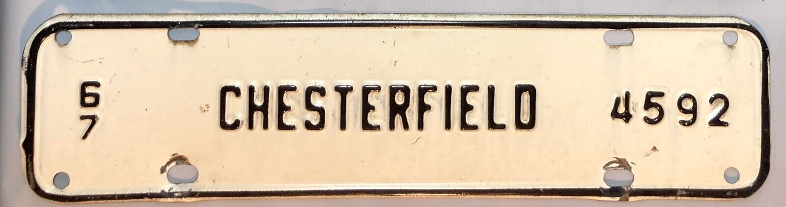 1967 Chesterfield County Virginia License Plate Town Tax Tag City 4592