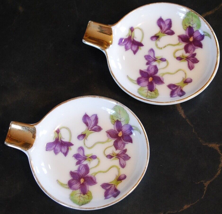 Vintage Set 2 NORCREST Sweet Violets Porcelain INDIVIDUAL ASHTRAYS Gold Trim