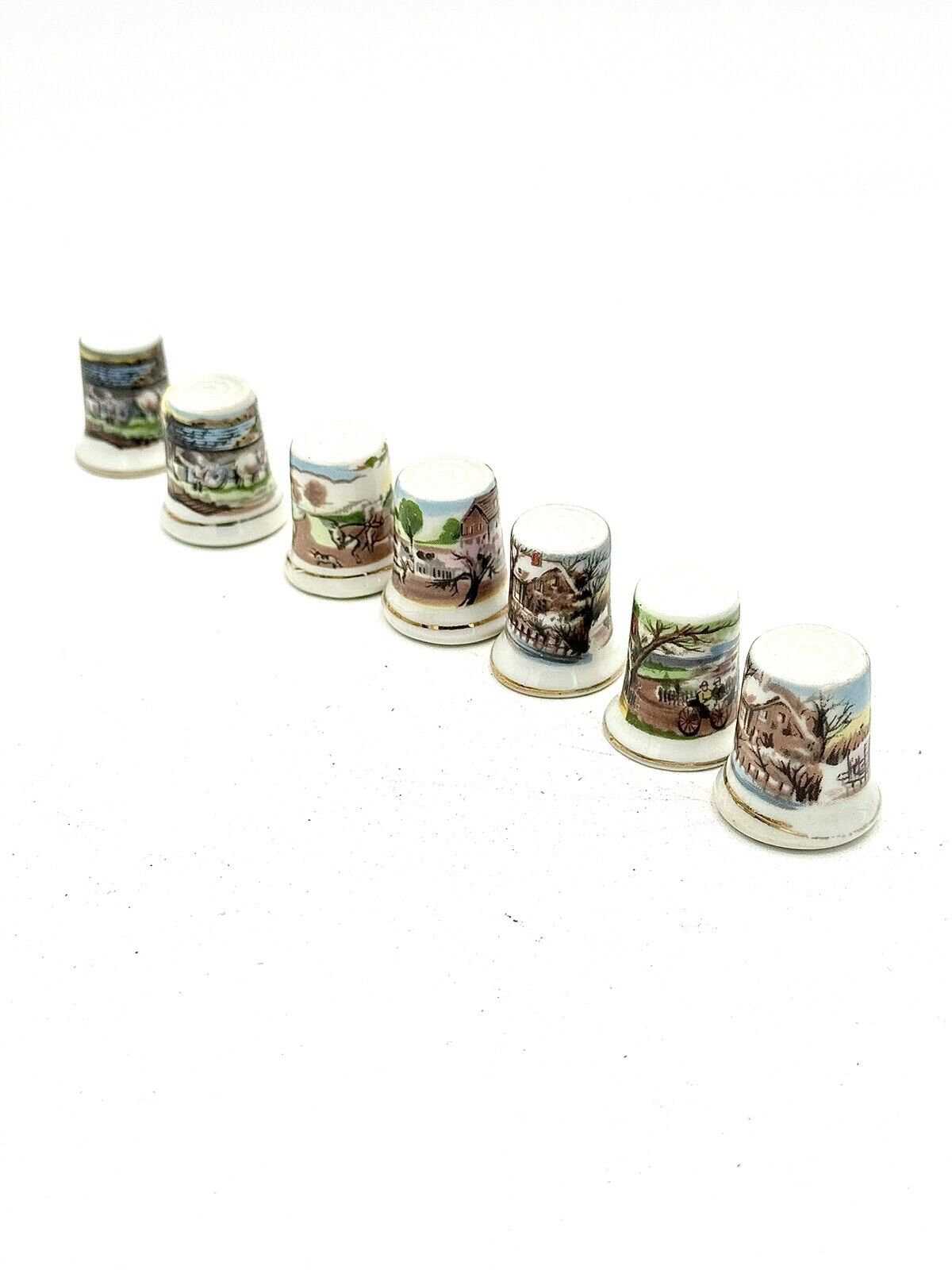 Vintage Ceramic Thimble Lot Of 7 White With Scenic Pictures