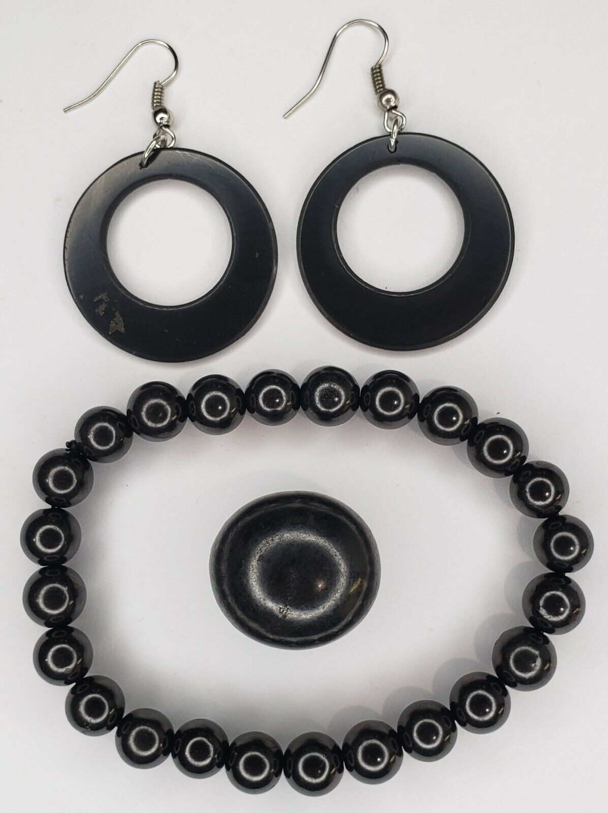 Shungite Set 002 - Bracelet 8 mm Beads + Earrings Double Circle + 1 tumble stone