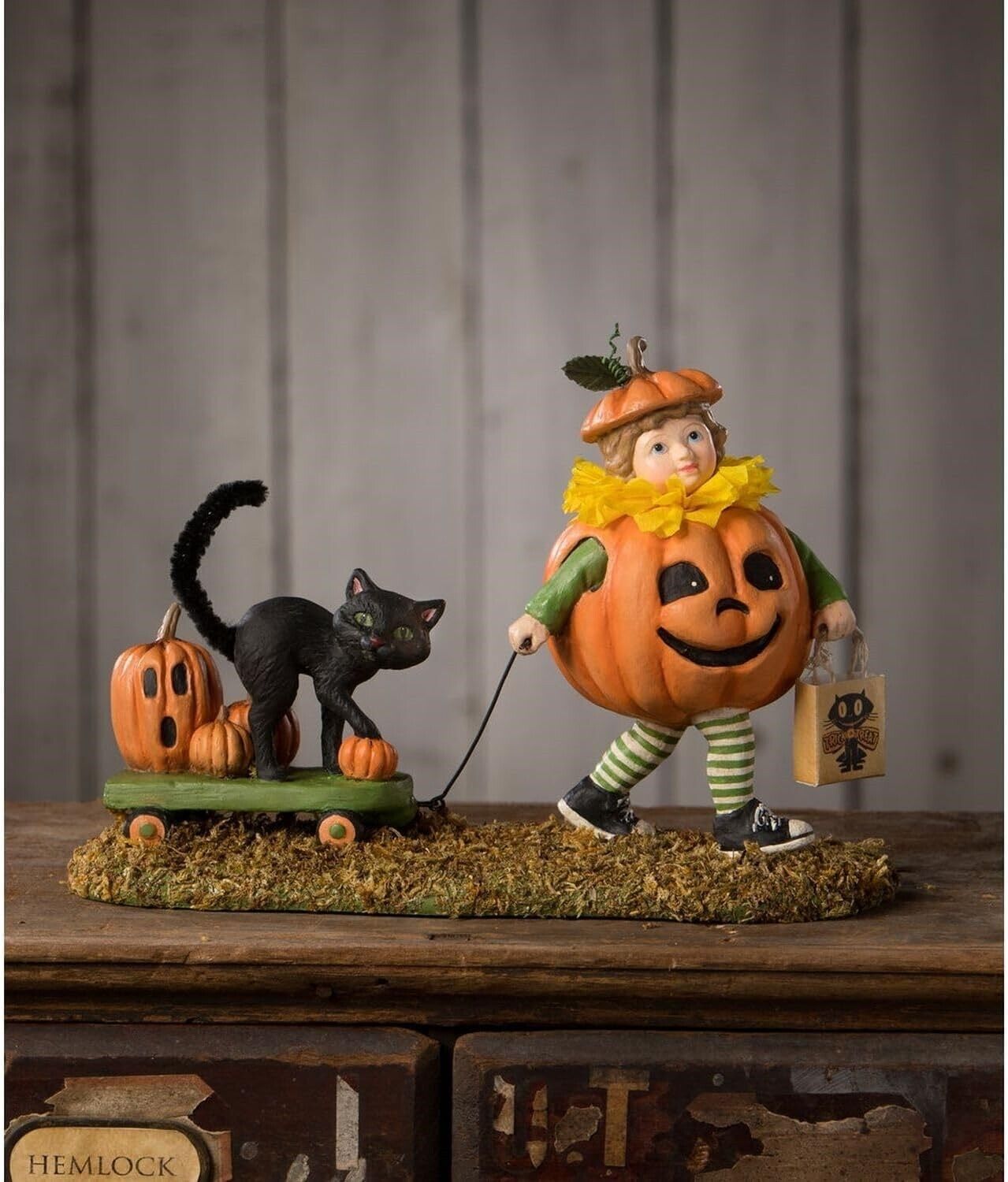 Bethany Lowe Pumpkin Paige with Wagon Black Cat Girl Costume Halloween Figure