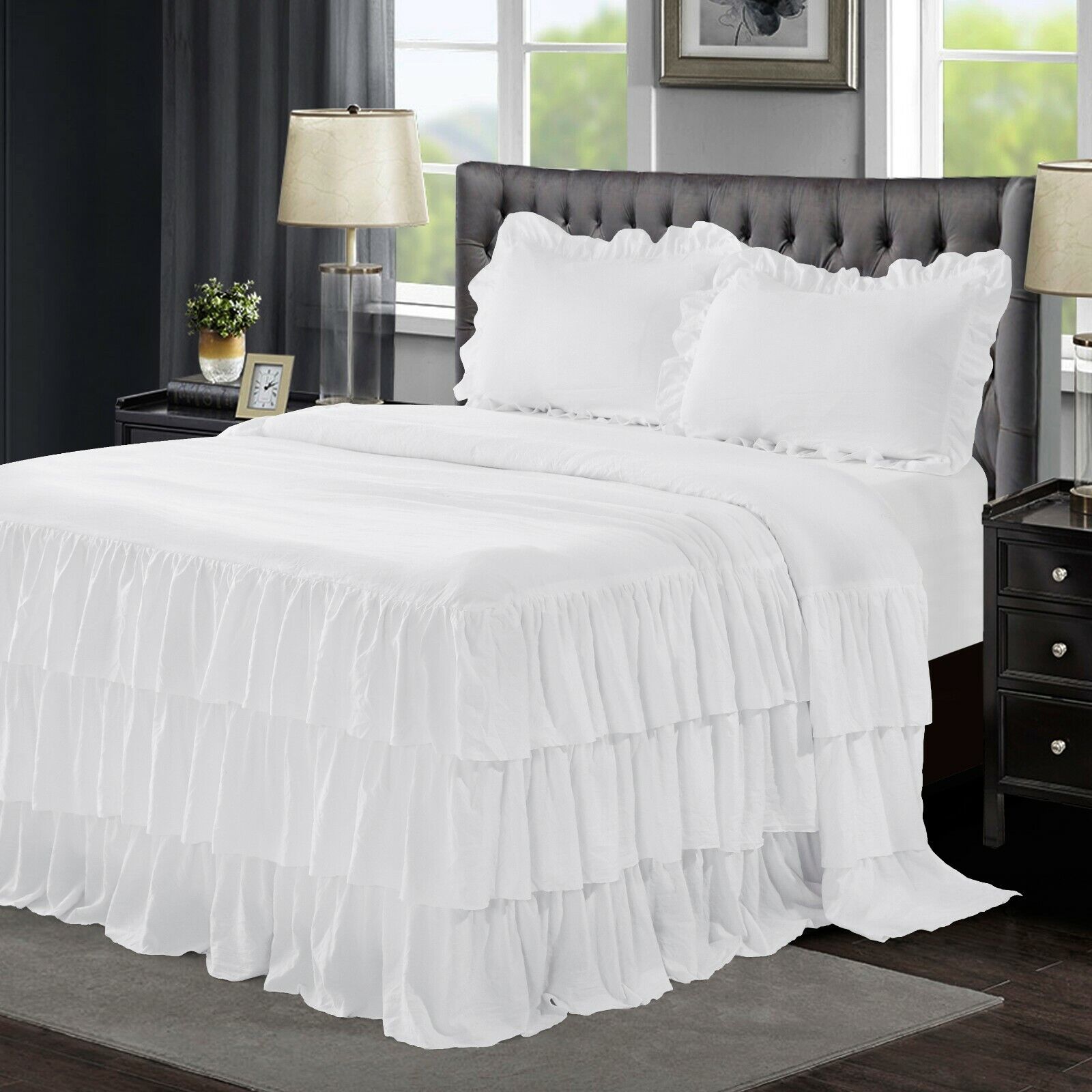 HIG 3 Piece Classic Ruffle Skirt Bedspread Set 30 inches Drop White- Farmhouse